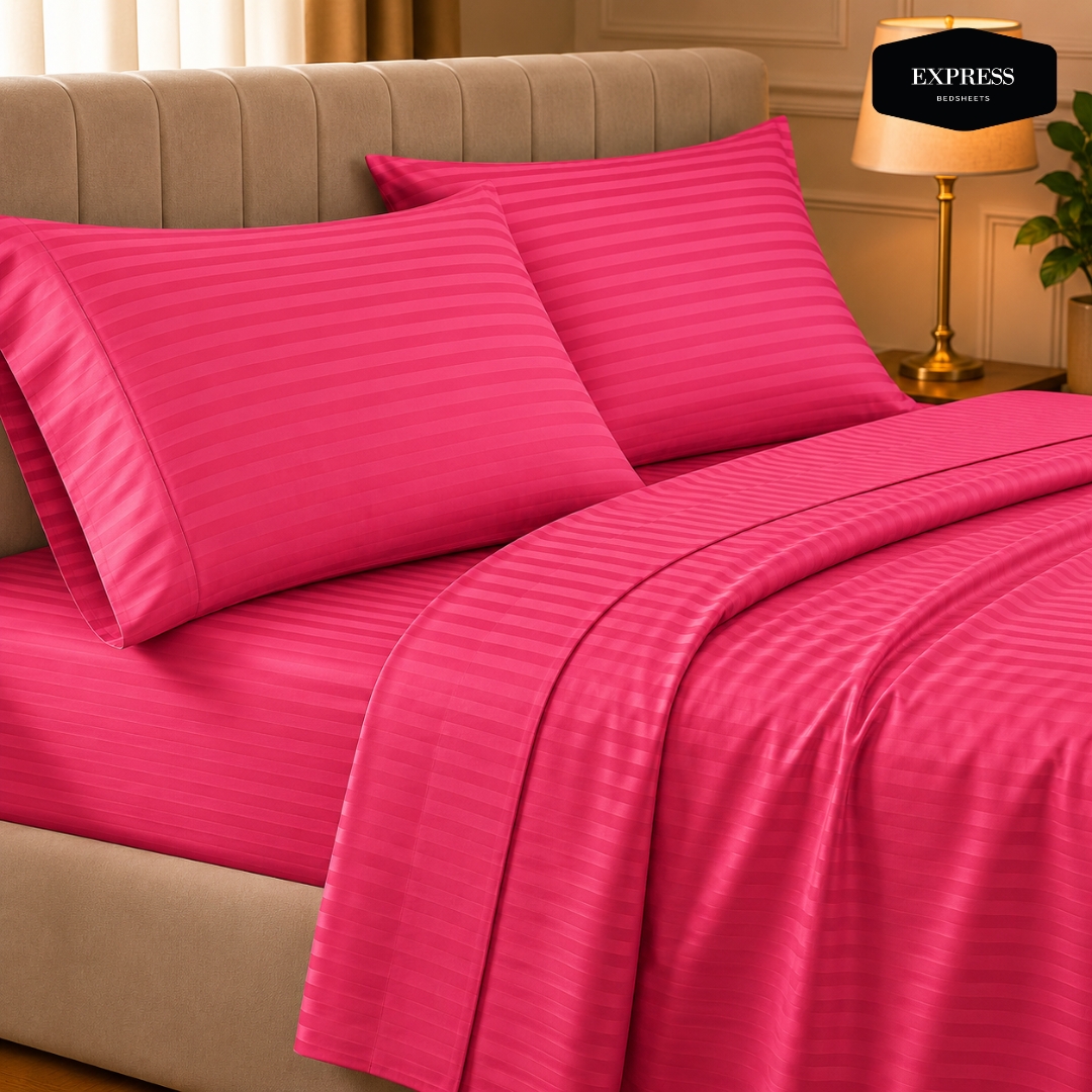 18 Twill Stripe Cotton Bedsheet - Hot Pink - Image 1